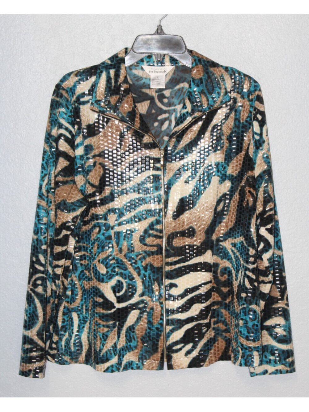 Misook Size Large Animal Print Jacket Brown Green Paillettes Zip Up Front